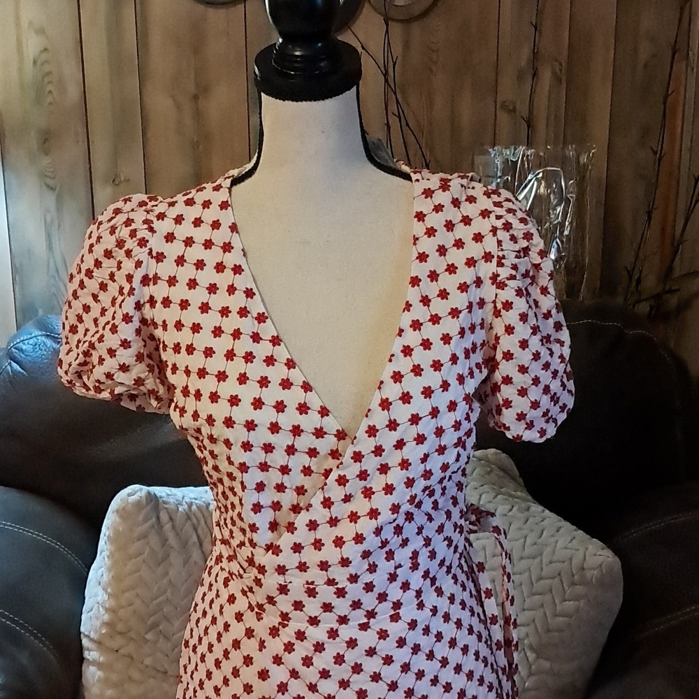 Draper James RSVP Pink & White Ditzy Floral Wrap Mini Dres Puff Ruffle Fairycore - Picture 3 of 10